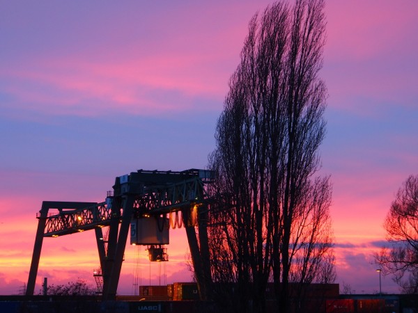 Sonnenuntergang hinterm Containerkran im Dortmunder Hafen